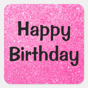 Adesivo Quadrado Glam Feliz Aniversário Preto Rosa Quente Brilho