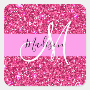Adesivo Quadrado Glam Girly Hot Pink Glitter Sparkles Nome Monogram