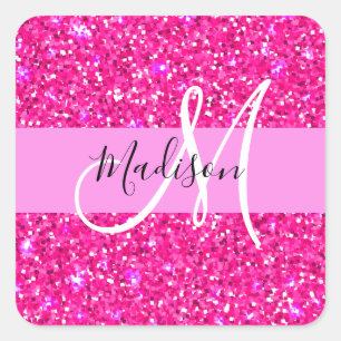 Adesivo Quadrado Glam Girly Hot Pink Glitter Sparkles Nome Monogram