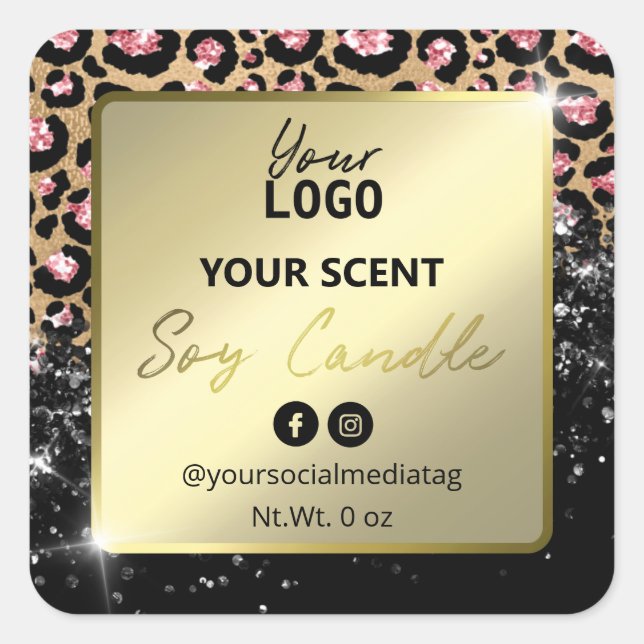 Adesivo Quadrado Glam Glitter Leopard Imprima Rótulos de Velas de S (Frente)