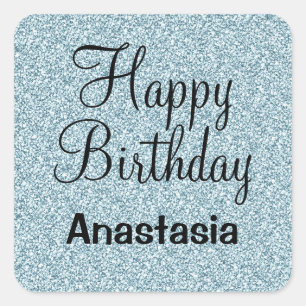 Adesivo Quadrado Glam Happy Birthday Blue Silver Glitter Sparkles