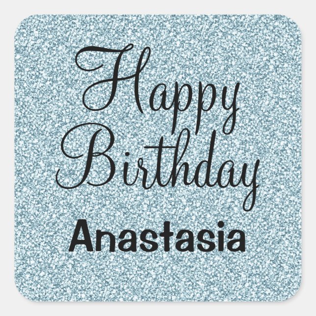 Adesivo Quadrado Glam Happy Birthday Blue Silver Glitter Sparkles (Frente)