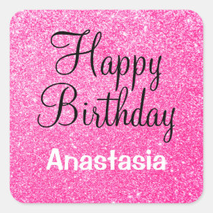 Adesivo Quadrado Glam Happy Birthday - Nome de Minigrama Rosa Quent