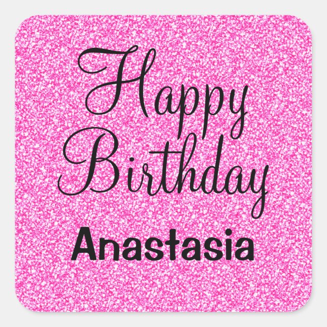 Adesivo Quadrado Glam Happy Birthday - Nome do Sparkle Rosa Quente (Frente)