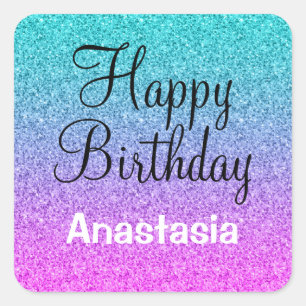 Adesivo Quadrado Glam Happy Birthday Ombre Rosa Azul Brilhante