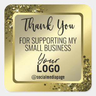 Adesivo Quadrado Glam Luxuoso Dourado Obrigado Logotipo Comercial