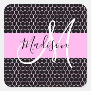 Adesivo Quadrado Glam Metalizado Preto Mel Rosa favo de mel Monogra