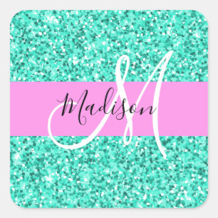 Adesivo Quadrado Glam Pink e Aqua Glitter Sparkles Nome do Monogram