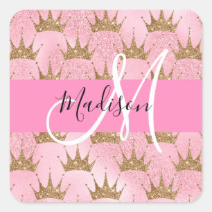 Adesivo Quadrado Glam Pink e Dourado Brilhante Brilha Crowns Monogr
