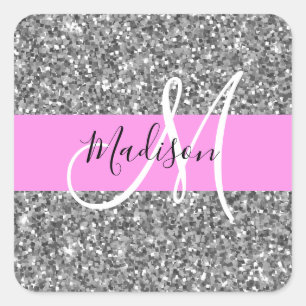 Adesivo Quadrado Glam Pink & Silver Glitter Sparkles Nome do Monogr