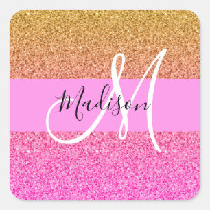 Adesivo Quadrado Glam Rosa e Dourado Brilho Gradiente Monograma