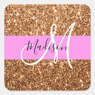 Adesivo Quadrado Glam Rosa e Glitter Cobre Brilho Monograma Nome