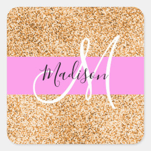 Adesivo Quadrado Glam Rosa e Glitter Cobre Faíscas Monograma Nome