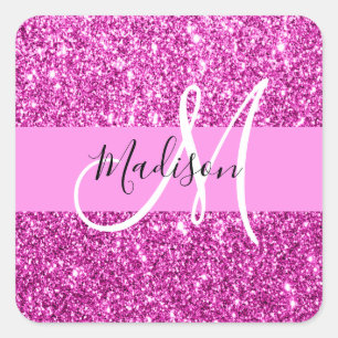 Adesivo Quadrado Glam Rosa e Glitter Magenta Brilho Monograma Nome
