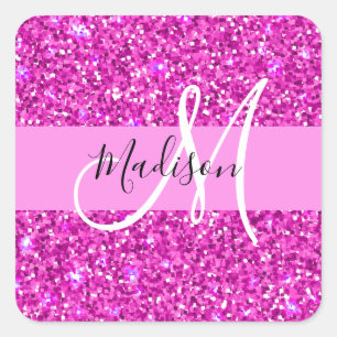 Adesivo Quadrado Glam Rosa e Glitter Magenta Brilho Monograma Nome