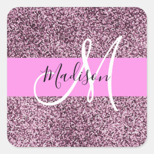 Adesivo Quadrado Glam Rosa e Glitter Violeta Faísca Monograma Nome