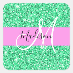 Adesivo Quadrado Glam Rosa e Verde Brilho Brilhos Monograma Nome