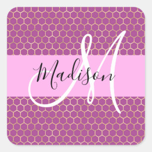Adesivo Quadrado Glam Rosa Metálico Rosa Favo de Mel Monograma Nome
