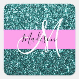 Adesivo Quadrado Glam Rosa Verde Turquesa Brilho Lantejoulas Monogr