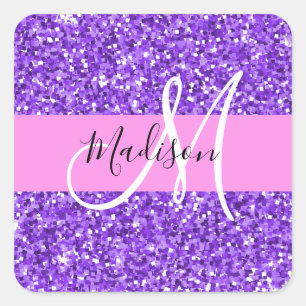 Adesivo Quadrado Glam Roxo & Brilho Glitter Monograma Nome