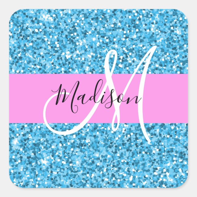 Adesivo Quadrado Glam Sky Blue Pink Glitter Sparkles Nome Monograma (Frente)