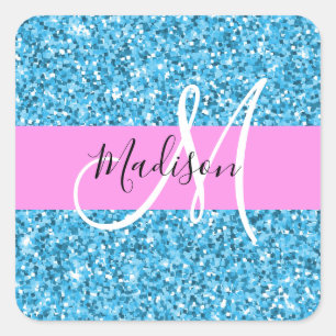 Adesivo Quadrado Glam Sky Blue Pink Glitter Sparkles Nome Monograma