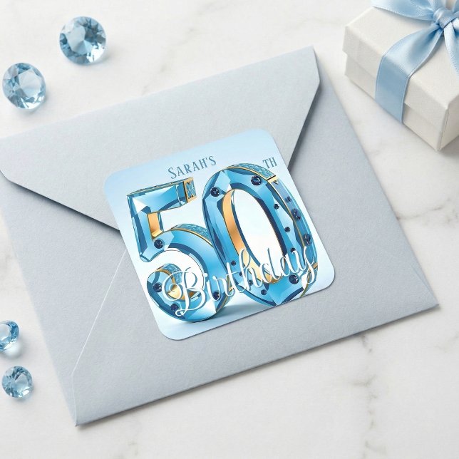 Adesivo Quadrado Glamorous Light Blue Jewel 50th Birthday (Criador carregado)