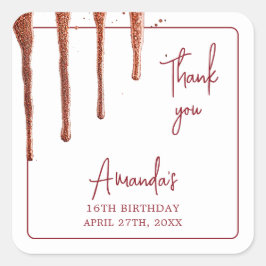 Adesivo Quadrado Glamorous Rosa, Glitter Dourado, Doce 16 Aniversár