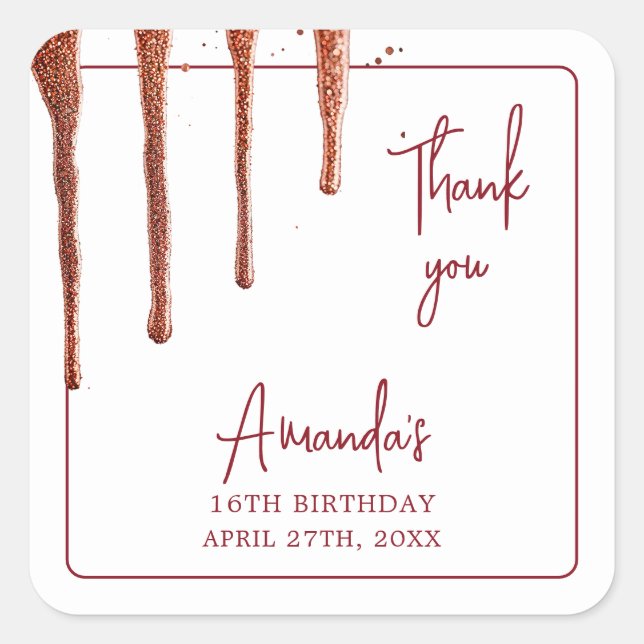 Adesivo Quadrado Glamorous Rosa, Glitter Dourado, Doce 16 Aniversár (Frente)