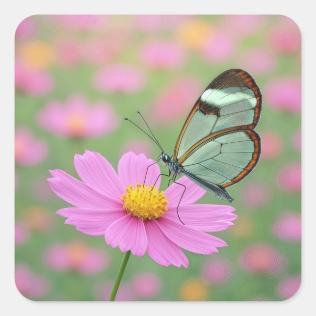 Adesivo Quadrado Glasswing Butterfly On a Cosmos (Frente)