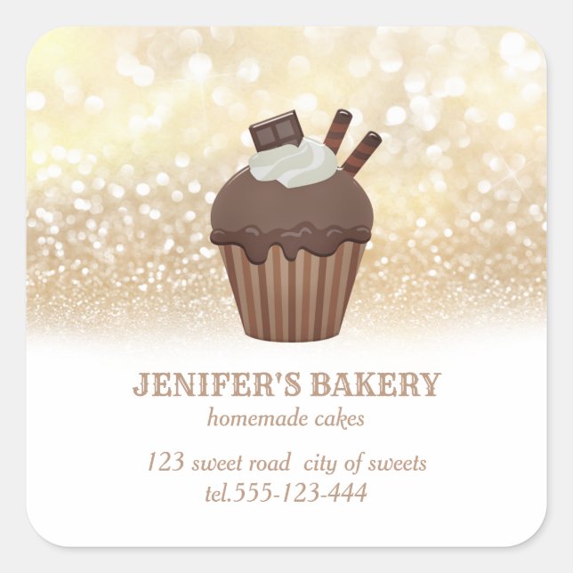 Adesivo Quadrado Gliteria dourada em vinheta cupcakes caseiros e do (Frente)