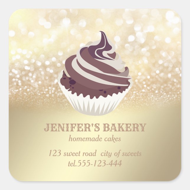 Adesivo Quadrado Gliteria dourada em vinheta cupcakes caseiros e do (Frente)