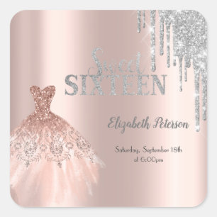 Adesivo Quadrado Glitter Chic, Rosa de vestir Dourado Sweet 16