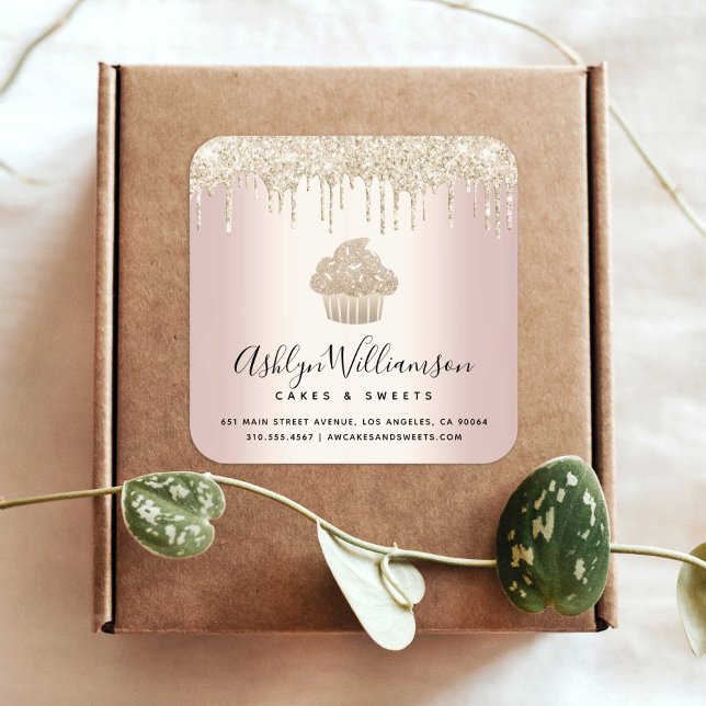 Adesivo Quadrado Glitter de Cupcake Dourado pica pastelaria rosa (Criador carregado)