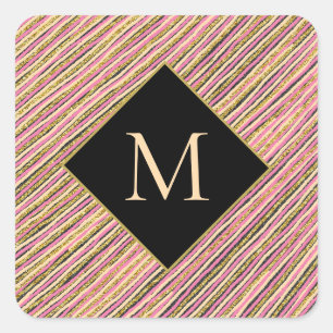 Adesivo Quadrado Glitter Dourado monograma - riscas pretas