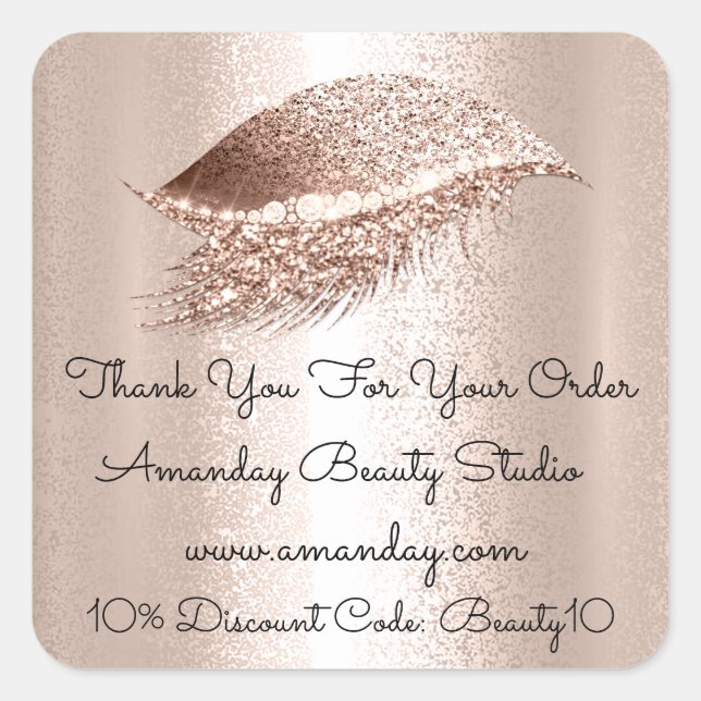 Adesivo Quadrado Glitter Lashes Obrigado Por Comprar Desconto (Frente)