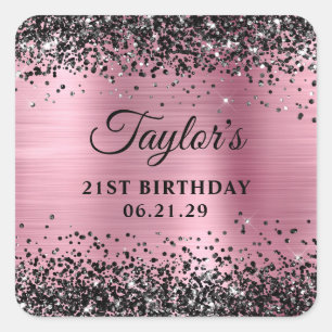Adesivo Quadrado Glitter Preto Folha Rosa Aniversário de 21 anos