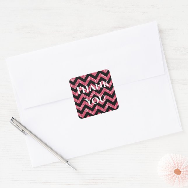 Adesivo Quadrado Glitter Rosa, Chevron, Obrigado Stickers (Envelope)