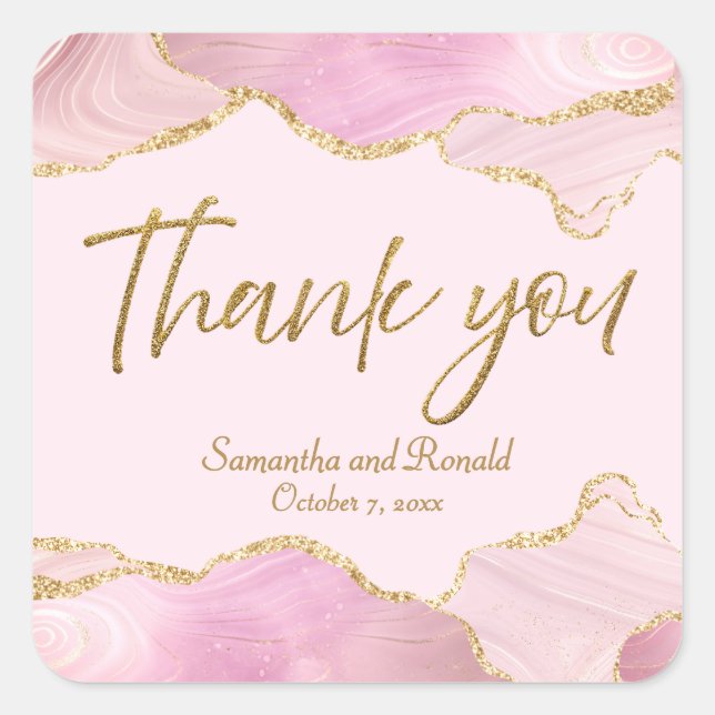 Adesivo Quadrado Glitter Rosa E Dourado Agradeço O Casamento (Frente)