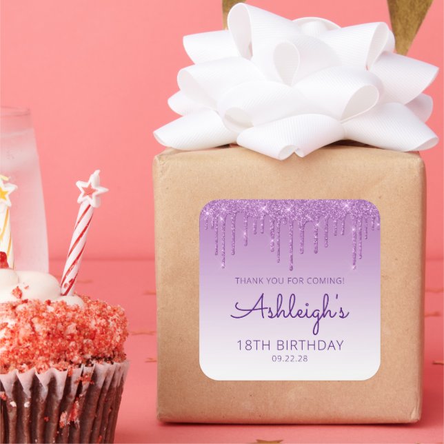 Adesivo Quadrado Glitter Roxo 18ª Festa de aniversário Obrigado (Festa)