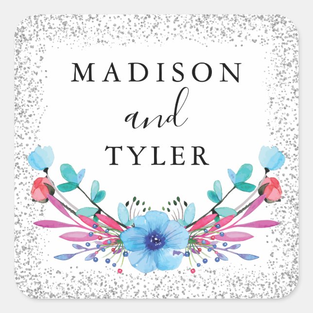 Adesivo Quadrado Glitter Silver Sparkles Watercolor Versa Floral (Frente)