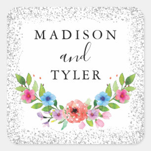 Adesivo Quadrado Glitter Silver Sparkles Watercolor Versa Floral