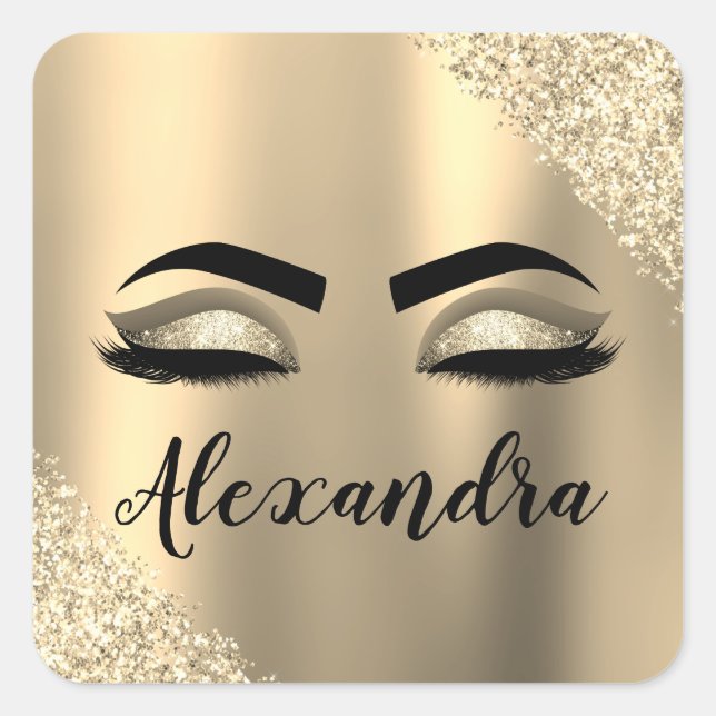 Adesivo Quadrado Glitter Sparkle Eyelashes Dourado Nome do Monogram (Frente)