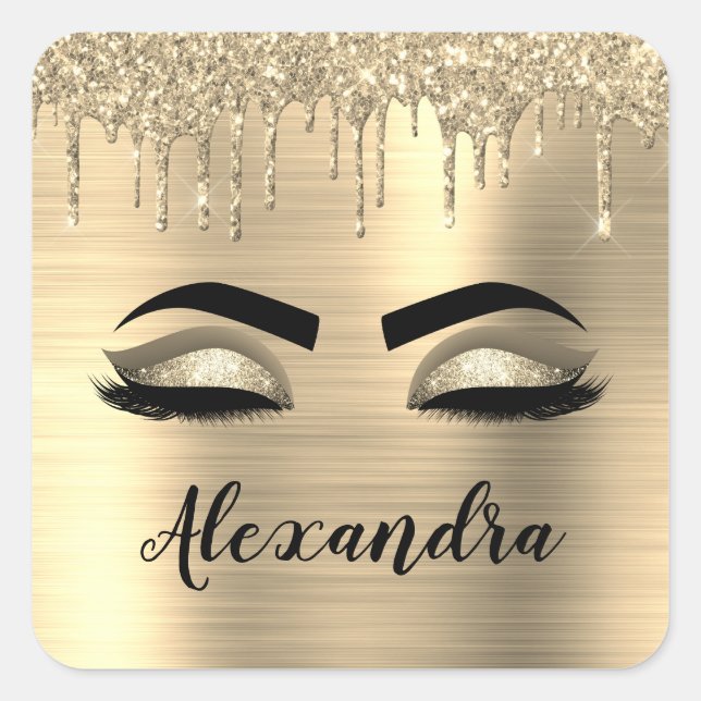 Adesivo Quadrado Glitter Sparkle Eyelashes Dourado Nome do Monogram (Frente)