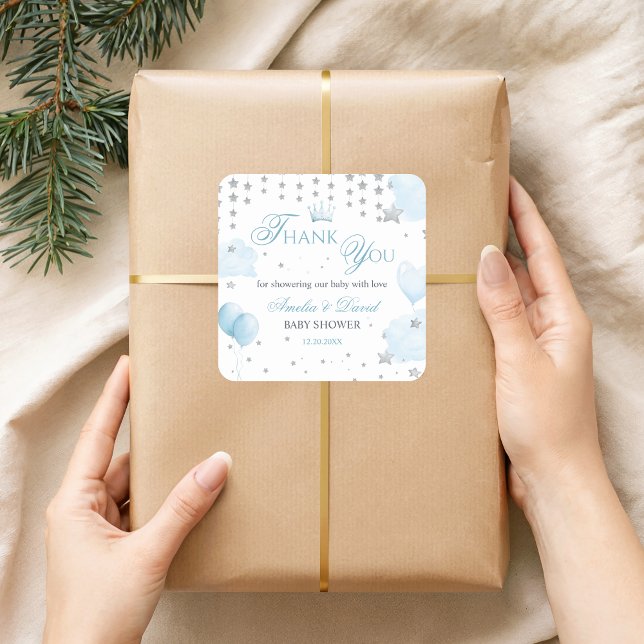 Adesivo Quadrado Glitter Stars Baby Shower Thank You Light Blue (Criador carregado)