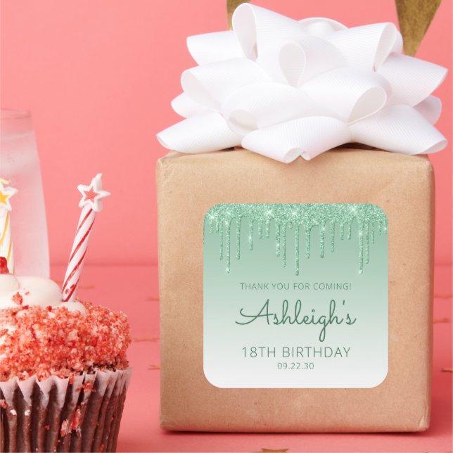 Adesivo Quadrado Glitter Verde 18º Aniversário Obrigado (Festa)
