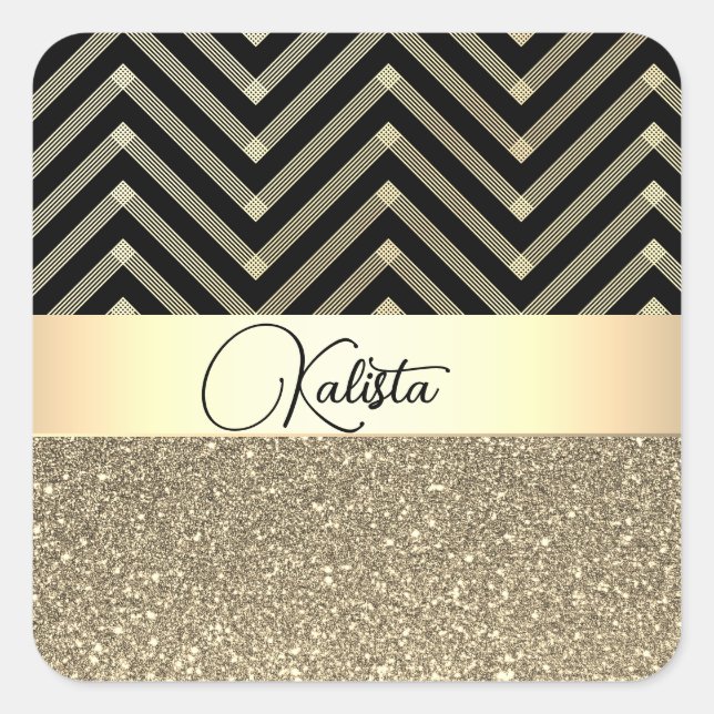 Adesivo Quadrado Glittery Dourada e Black Chevron Personalizado (Frente)
