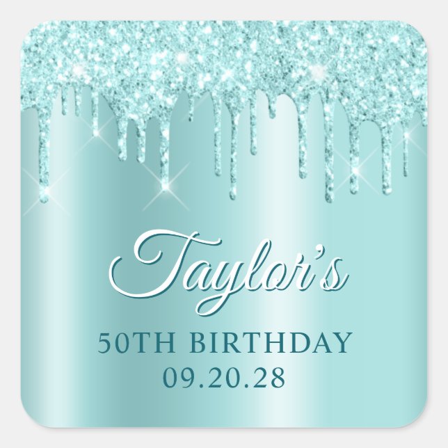 Adesivo Quadrado Glittery Drips Light Turquoise Ombre Drop Shadow (Frente)