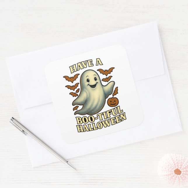 Adesivo Quadrado Glittery Ghost "Have a Boo Belo Halloween" (Envelope)