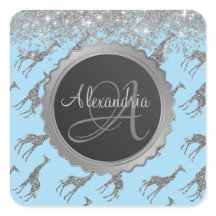 Glittery Giraffe on Blue Monograma Personalizado